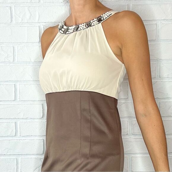 New Brown Satin Beige Chiffon Beaded Neckline Sleeveless Sheath Dress. - Picture 2 of 11